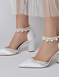 cheap -Women&#039;s Wedding Shoes Dress Shoes Bridal Shoes Imitation Pearl Sparkling Glitter Chunky Heel Pointed Toe Luxurious Elegant Party Wedding Satin Ankle Strap Spring Summer Solid Colored Wine White Black