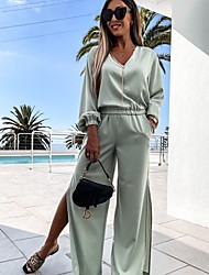 cheap -european and american style foreign trade women&#039;s clothing 2021 amazon summer new v-neck long-sleeved casual sports suit two-piece set