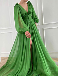 cheap -A-Line Reformation Amante Sexy High Split Wedding Guest Prom Dress V Neck Long Sleeve Court Train Chiffon with Buttons Slit 2022