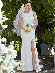 cheap -Mermaid / Trumpet Wedding Dresses Jewel Neck Floor Length Lace Sleeveless Romantic Simple Wedding Dress in Color with Lace Solid Color 2022