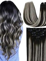 cheap -Clip in Hair Extensions Real Human Hair Ombre Balayage Off Black to Silver Grey Highlights Black Hair Extensions Clip in Human Hair Thick 10-26 Inch 5Pcs 70g