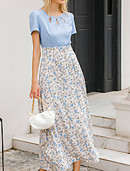 cheap -Women&#039;s A Line Dress Maxi long Dress Blue Short Sleeve Floral Print Spring Summer Round Neck Elegant Romantic Vacation 2022 S M L XL