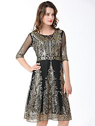 cheap -A-Line Elegant Vintage Holiday Party Wear Dress Jewel Neck Half Sleeve Knee Length Cotton Blend with Sequin Splicing 2022
