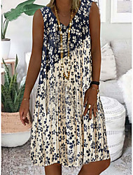 cheap -Women&#039;s A Line Dress Knee Length Dress White Sleeveless Floral Color Block Ruched Print Spring Summer V Neck Elegant Casual 2022 S M L XL XXL 3XL