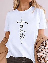 cheap -Women&#039;s Painting T shirt Text Print Round Neck Basic Tops Green White Black