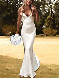 cheap -Mermaid / Trumpet Wedding Dresses V Neck Spaghetti Strap Court Train Charmeuse Sleeveless Simple Sexy Backless with Solid Color 2022
