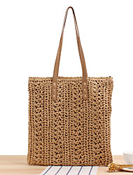 cheap -Women&#039;s Top Handle Bag Straw Bag Shoulder Bag Card Paper Zipper Solid Color Daily Going out Camel Beige