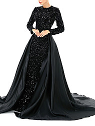 cheap -Mermaid / Trumpet Glittering Luxurious Prom Formal Evening Dress Jewel Neck Long Sleeve Chapel Train Satin with Overskirt Pure Color 2022