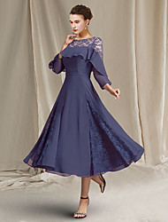 cheap -A-Line Mother of the Bride Dress Elegant Jewel Neck Tea Length Chiffon 3/4 Length Sleeve with Pleats Sequin Ruffles 2022