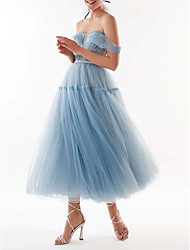cheap -A-Line Elegant Fairy Wedding Guest Prom Dress Off Shoulder Short Sleeve Ankle Length Tulle with Pleats Pure Color 2022