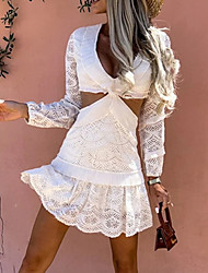 cheap -Women&#039;s A Line Dress Short Mini Dress White Long Sleeve Pure Color Lace Hollow To Waist Spring Summer V Neck Stylish Work Sexy 2022 S M L XL