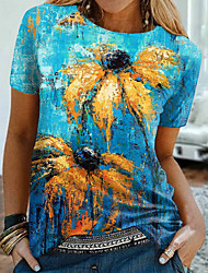 cheap -Women&#039;s Floral Theme Abstract Painting T shirt Floral Print Round Neck Basic Tops Blue / 3D Print