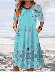 cheap -Women&#039;s A Line Dress Knee Length Dress Light Blue Short Sleeve Floral Ruched Print Spring Summer Crew Neck Elegant Casual 2022 S M L XL XXL 3XL