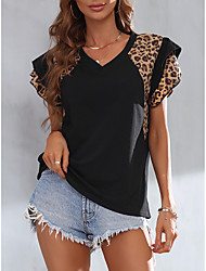 cheap -Women&#039;s Painting T shirt Tee Leopard Ruffle Print V Neck Basic Tops Black