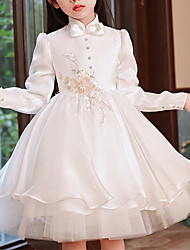 cheap -Princess Knee Length Flower Girl Dresses Party Satin Long Sleeve High Neck with Faux Pearl 2022
