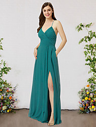 cheap -A-Line Bridesmaid Dress V Neck Sleeveless Elegant Floor Length Chiffon with Pleats / Split Front 2022