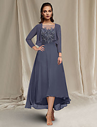cheap -A-Line Mother of the Bride Dress Elegant Wrap Included Jewel Neck Asymmetrical Tea Length Chiffon Lace Short Sleeve with Ruched Sequin Appliques 2022