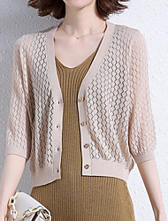 cheap -Women&#039;s Cardigan Knitted Pure Color Stylish Casual Soft Cotton 3/4 Length Sleeve Regular Fit Sweater Cardigans V Neck Spring Summer White Black Beige / Going out