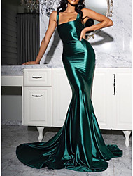 cheap -Mermaid / Trumpet Open Back Prom Formal Evening Dress Spaghetti Strap Sleeveless Court Train Satin with Pure Color 2022