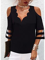 cheap -Women&#039;s T shirt Plain Cut Out Mesh Patchwork V Neck Basic Tops Black