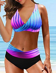 cheap -Women&#039;s Swimwear Bikini 2 Piece Plus Size Swimsuit Backless Printing High Waisted Striped Ombre Black Purple V Wire Bathing Suits New Stylish Vacation / Sexy / Padded Bras
