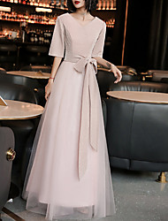 cheap -A-Line Minimalist Princess Party Wear Prom Dress V Neck Half Sleeve Floor Length Nylon with Sash / Ribbon 2022