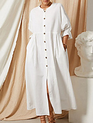 cheap -Women&#039;s Shift Dress Maxi long Dress White 3/4 Length Sleeve Pure Color Split Pocket Button Spring Summer Crew Neck Work Casual 2022 M L XL XXL
