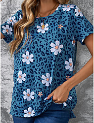 cheap -Women&#039;s Floral Painting T shirt Tee Floral Leopard Print Round Neck Basic Tops Blue / 3D Print