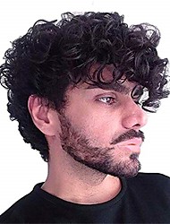 cheap -Short Curly Mens Black Wig Fluffy Synthetic Cosplay Halloween Hair Wig for Men