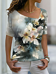 cheap -Women&#039;s Floral Painting T shirt Floral Print V Neck Basic Tops Green / 3D Print