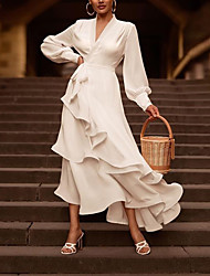 cheap -A-Line Wedding Dresses V Neck Asymmetrical Ankle Length Chiffon Long Sleeve Simple Sexy with Cascading Ruffles Solid Color 2022