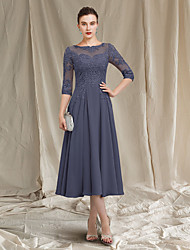 cheap -A-Line Mother of the Bride Dress Elegant Jewel Neck Tea Length Chiffon Lace Half Sleeve with Pleats Appliques 2022