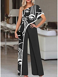cheap -Women&#039;s Jumpsuit Patchwork Print Abstract One Shoulder Elegant Daily Weekend Straight Regular Fit Short Sleeve White Black S M L Spring