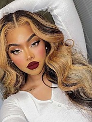 cheap -Body Wave Highlight Ombre Lace Front Wig Human Hair Wigs #4/27 Brown with Honey Blonde Color for Black Women Pre Plucked Hairline 150% Density