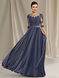 cheap -A-Line Mother of the Bride Dress Luxurious Elegant Jewel Neck Floor Length Chiffon Lace Tulle Half Sleeve with Crystals Appliques 2022