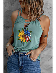 cheap -Women&#039;s Independence Day Tank Top Camis Sunflower American Flag Cut Out Print V Neck Casual Streetwear Tops Green White Black