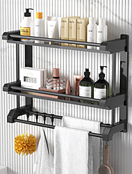 cheap -Punch-free Stainless Steel BlackTowel Rack Wall Mounted Folding Towel Holder Storage Shelf with Hook Bathroom Shower Room Accessories