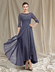cheap -A-Line Mother of the Bride Dress Elegant Jewel Neck Asymmetrical Tea Length Chiffon Lace 3/4 Length Sleeve with Pleats Appliques 2022