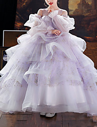 cheap -Princess Court Train Flower Girl Dresses Party Tulle Long Sleeve Jewel Neck with Tiered 2022