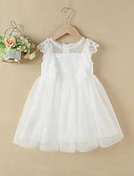 cheap -Toddler Little Girls&#039; Dress Solid Colored A Line Dress Wedding Special Occasion Mesh Lace White Knee-length Sleeveless Cute Dresses Summer Regular Fit 1 PC 2-6 Years