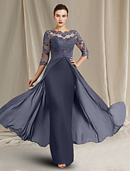 cheap -Sheath / Column Mother of the Bride Dress Elegant Jewel Neck Floor Length Chiffon Lace 3/4 Length Sleeve with Ruched Appliques 2022