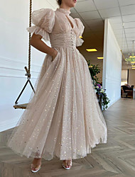 cheap -A-Line Glittering Fairy Engagement Prom Dress High Neck Half Sleeve Ankle Length Tulle with Buttons Pleats Sequin 2022