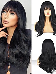 cheap -Black Long Wavy Wig With Bangs Synthetic Natural Black Wig Women&#039;s Bangs Wig Wispy Bangs Wig With Artificial Scalp Elastic Net Adjustable Straps Natural Look Wig Perfect For Everyday Party Wear