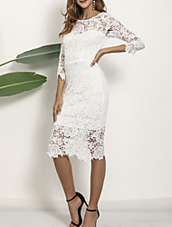 cheap -Sheath / Column Wedding Dresses Jewel Neck Knee Length Lace Long Sleeve Romantic Sexy Little White Dress with Solid Color 2022