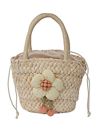 cheap -Women&#039;s Girls&#039; Straw Bag Beach Bag Lunch Bag Top Handle Bag Straw Bowknot Flower Pattern Solid Color Holiday Date Going out Beige lined Beige Unlined