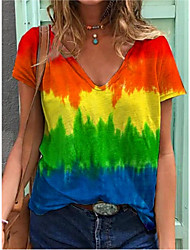 cheap -Women&#039;s T shirt Rainbow Color Gradient Patchwork Print V Neck Basic Tops Rainbow / 3D Print