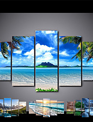 cheap -5 Panels Wall Art Canvas Prints Posters Painting Artwork Picture Beach Blue Sea Sunset White Beach Landscape Modern Home Decoration Décor Rolled Canvas No Frame Unframed Unstretched