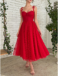 cheap -A-Line Elegant Vintage Party Wear Wedding Guest Dress Sweetheart Neckline Sleeveless Ankle Length Lace with Buttons Pleats 2022