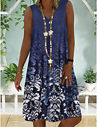 cheap -Women&#039;s A Line Dress Knee Length Dress Navy Blue Sleeveless Floral Ruched Print Spring Summer V Neck Elegant Casual 2022 S M L XL XXL 3XL