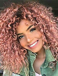 cheap -Afro Kinky Curly Synthetic Hair Wigs for Black Women Phoenixfly Fluffy Shoulder Length Natural Looking Heat Resistant Replacement with Wig Caps (Pink) 1 Count(Pack of 1)